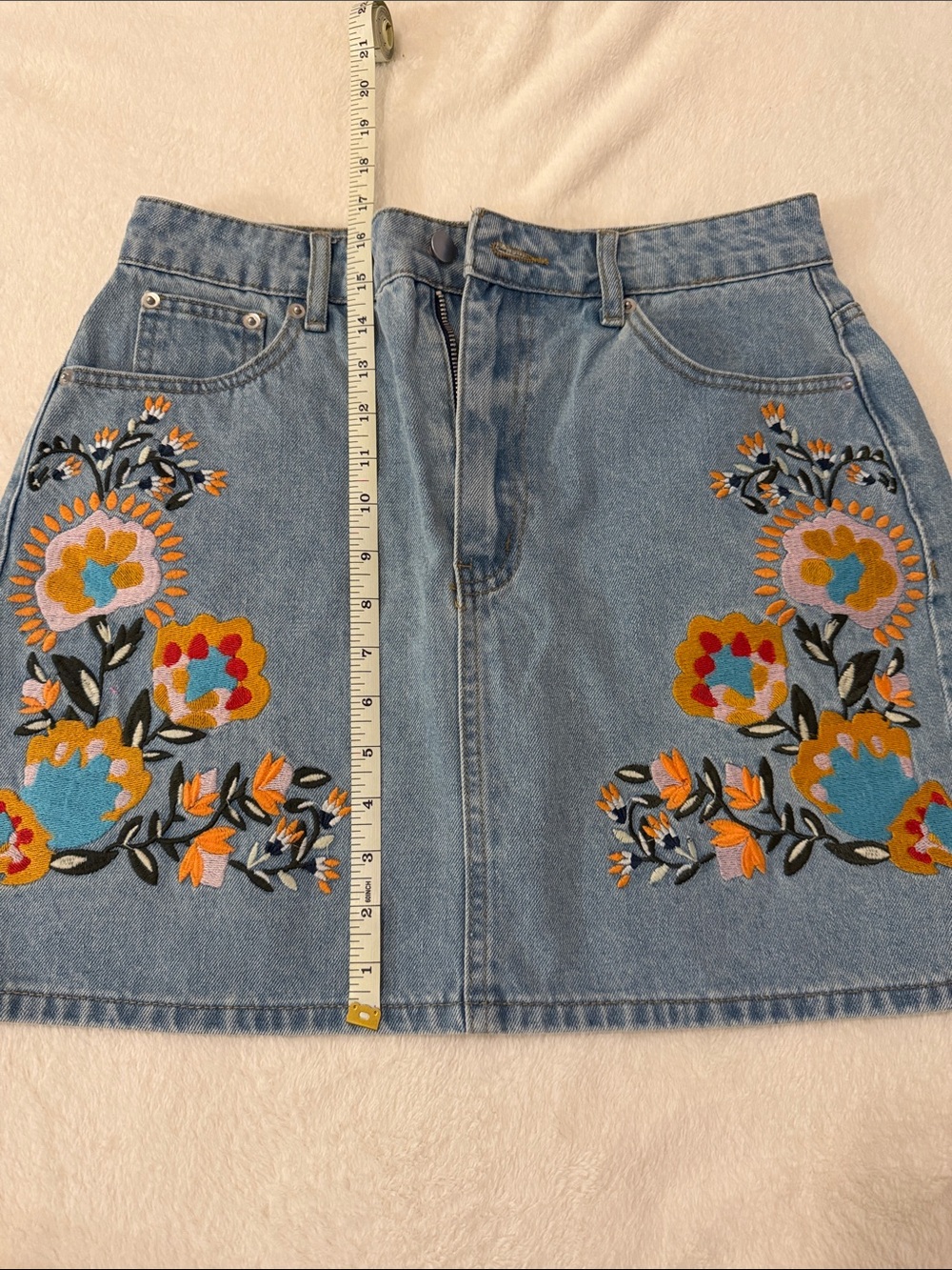 Embroidered Floral Denim Skirt - Blue - Picture 3 of 7